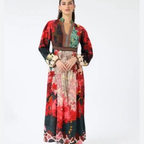 Boho Bhanuni by Jyoti Obsidian Mixed Print Boho Beaded V-Neck Maxi Dress Sz 20W - Picture 3 of 15